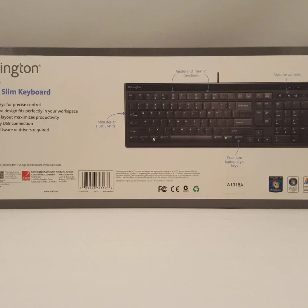 KENSINGTON Advance Fit Full Size Slim Wired Keyboard USB K72357USA NEW